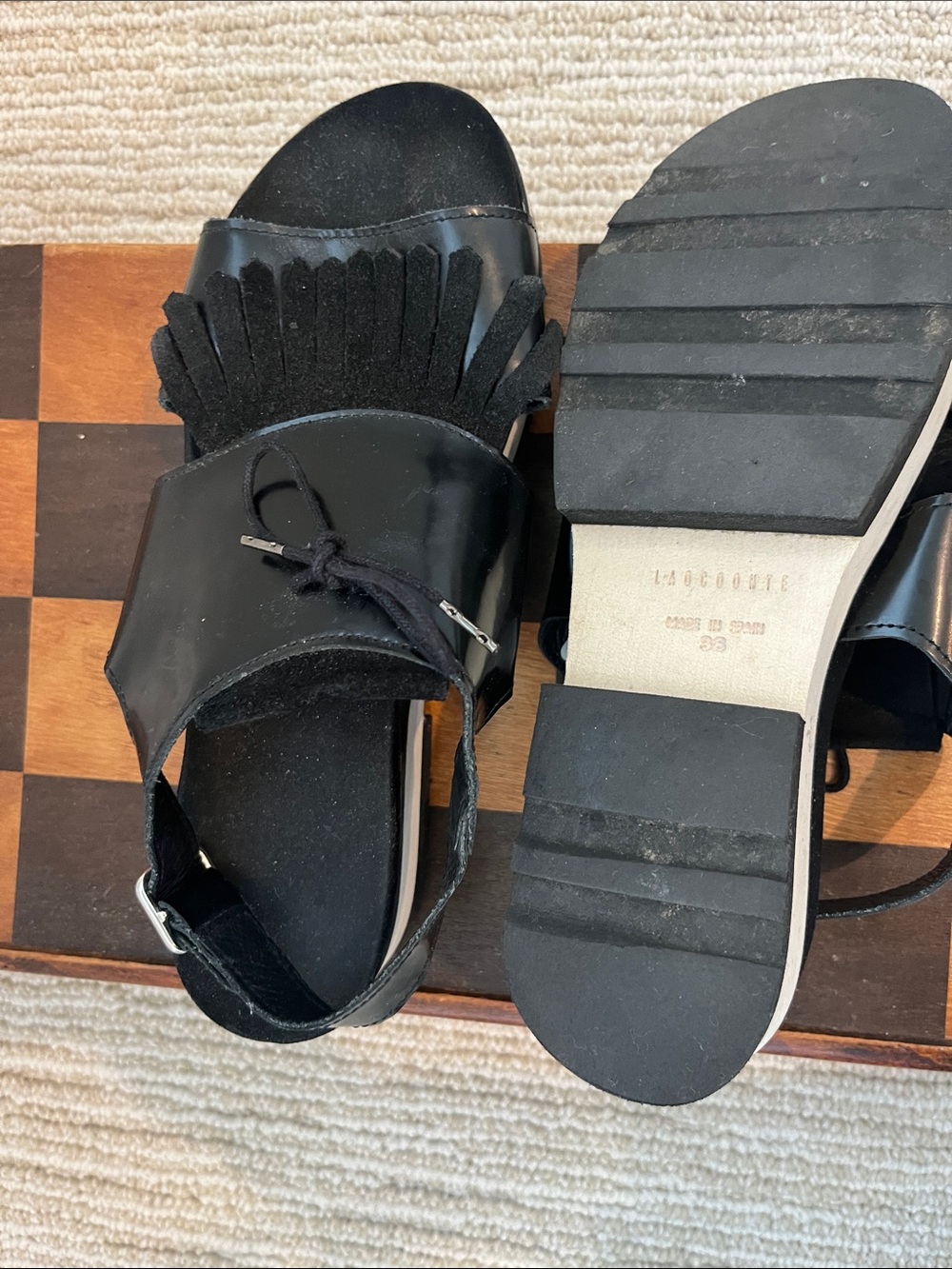 Women's Black Fringe Slide Sandals with Ankle Strap